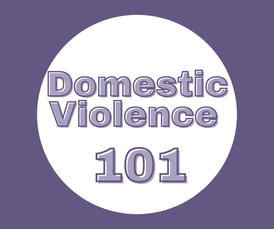 Domestic Violence 101 is in purple font on top of a centered white circle. The background is purple